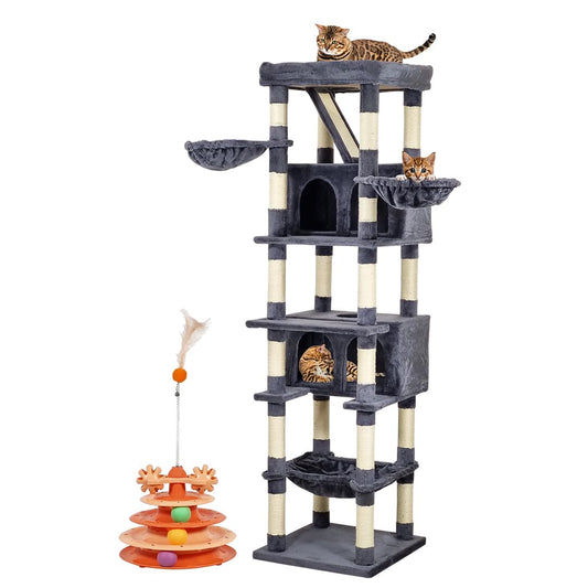 Multi-level cat tree tower for indoor cats, Cat climbing tower with Cat turntable toy, Large perch, Sisal scratching posts, Cozy hammock, and Multiple cat condo, Easy assembly 190 cm (Dark-grey)