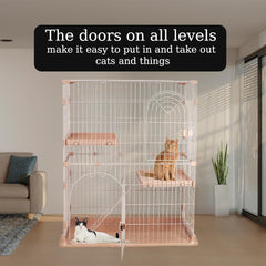 Cat cage with Durable metal wire, Wide plastic perch, Lockable door, and Climbing ladder, double-layer cat cage enclosure for Cats & Kittens, Suitable for indoor/outdoor use 117 cm (Pink)