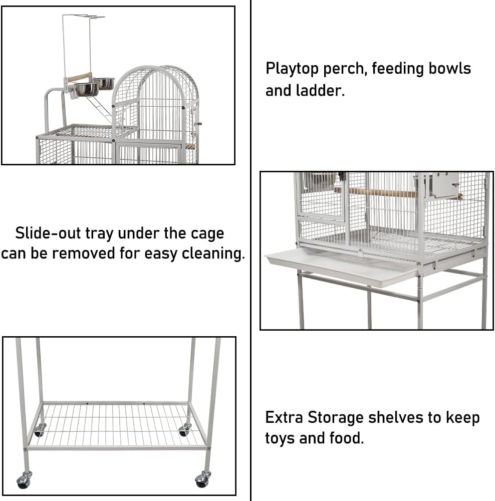 Bird Cage - Wrought Iron Stainless Steel with Storage Shelves White Lovebirds Cage and 4 Feeding Bowls - 160 cm | Toy Hooks above the Top Bird Perch | Perch for Birds | Food Container