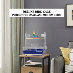 Bird stand for small to medium-sized birds, Interactive bird playground with Wooden perch, Plastic feeding cups, Climbing ladder, and Slide-out tray, Ideal for indoor and outdoor 46 cm (Blue)