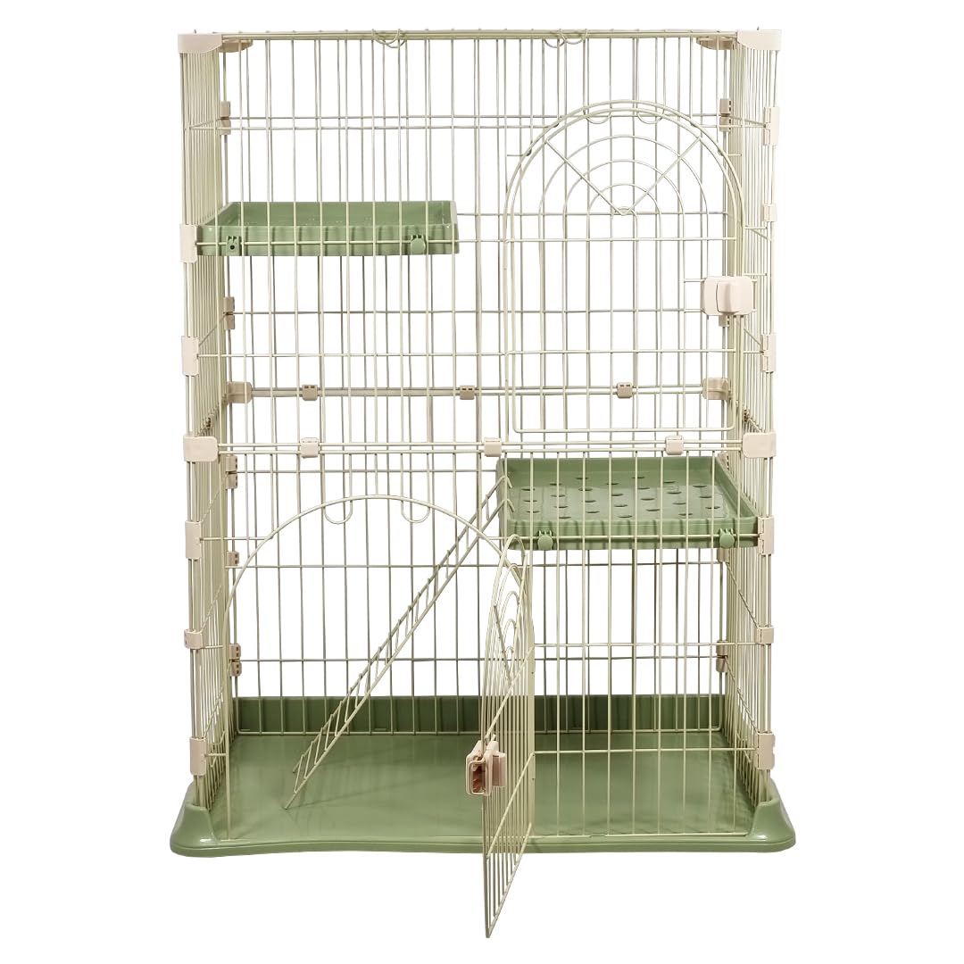 NNC PETS Cat Cage Kennel with 2-lockable Doors - 2-Tiier Metal Wire Pet Cat House Playpen for Indoor Cats - Cozy Hammock, Climbing Ladder, Drawer Tray & Universal Wheels, Easy Assembly (Green, 108 cm)