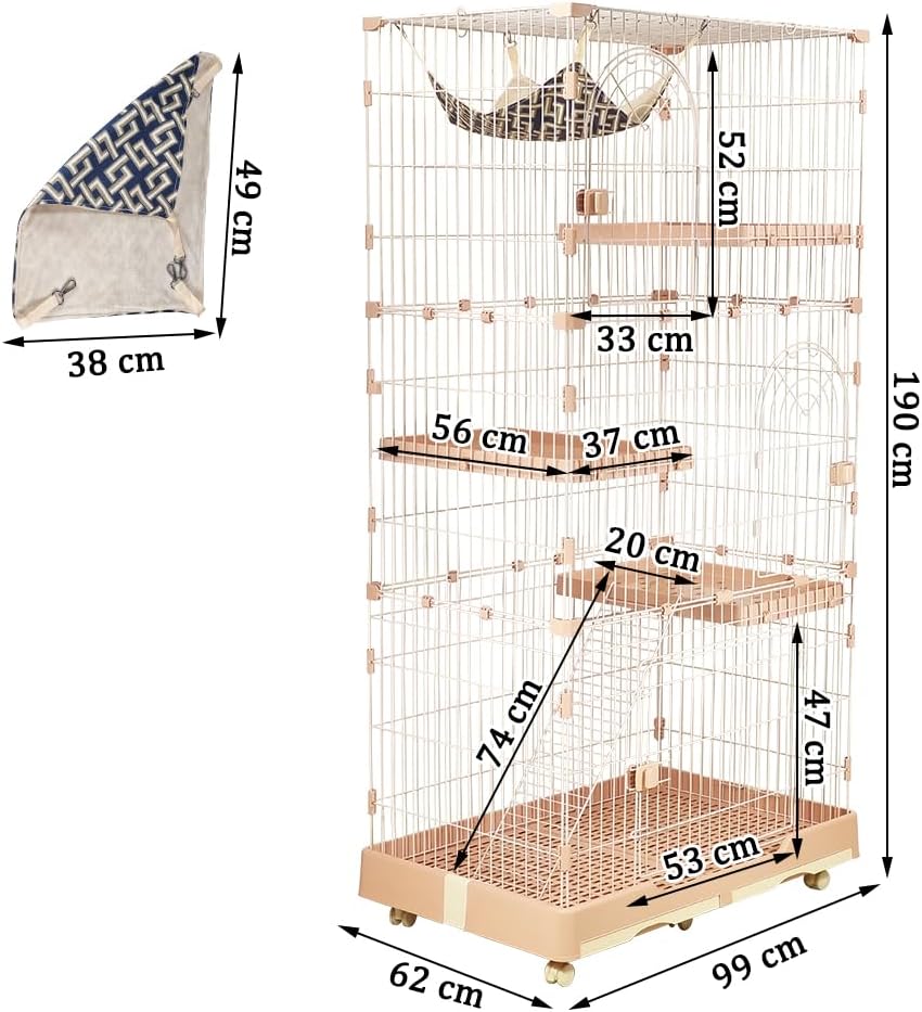Large cat cage with 3 lockable doors, Hammock, Wide platforms, Climbing ladder, Removable tray, and Universal wheels, Durable metal wire cat cage for indoor & outdoor, Easy assembly 190 cm (Pink)