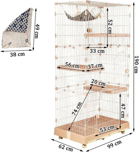 Large cat cage with 3 lockable doors, Hammock, Wide platforms, Climbing ladder, Removable tray, and Universal wheels, Durable metal wire cat cage for indoor & outdoor, Easy assembly 190 cm (Pink)