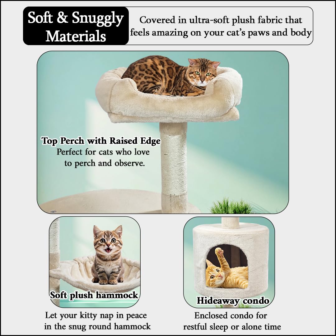 Cat Tree for Big Cats with Top Soft Plush | Cat Tower with Paw Shape Perch & Hammock, Multi-level Cat Tower with Cozy Condo | Fun Ladder & Scratching Posts | Indoor Cat House (Beige, 150 cm)
