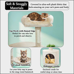 Cat Tree for Big Cats with Top Soft Plush | Cat Tower with Paw Shape Perch & Hammock, Multi-level Cat Tower with Cozy Condo | Fun Ladder & Scratching Posts | Indoor Cat House (Beige, 150 cm)