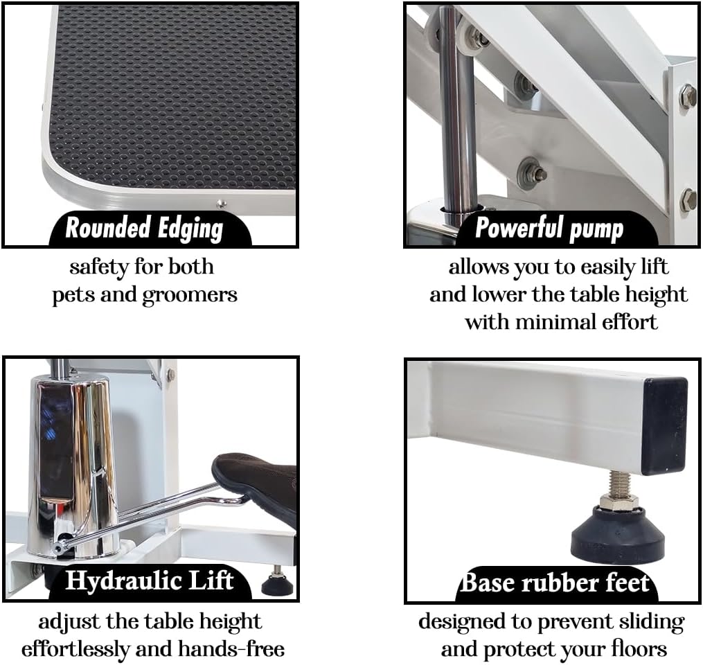 Professional Dog Grooming Table with Z-lift structure, Adjustable Arm, Clamp, and Loop Noose, 190 cm Pet grooming table for All size breed, Salon & Home use, Easy to Clean & Anti-slip desktop (White)