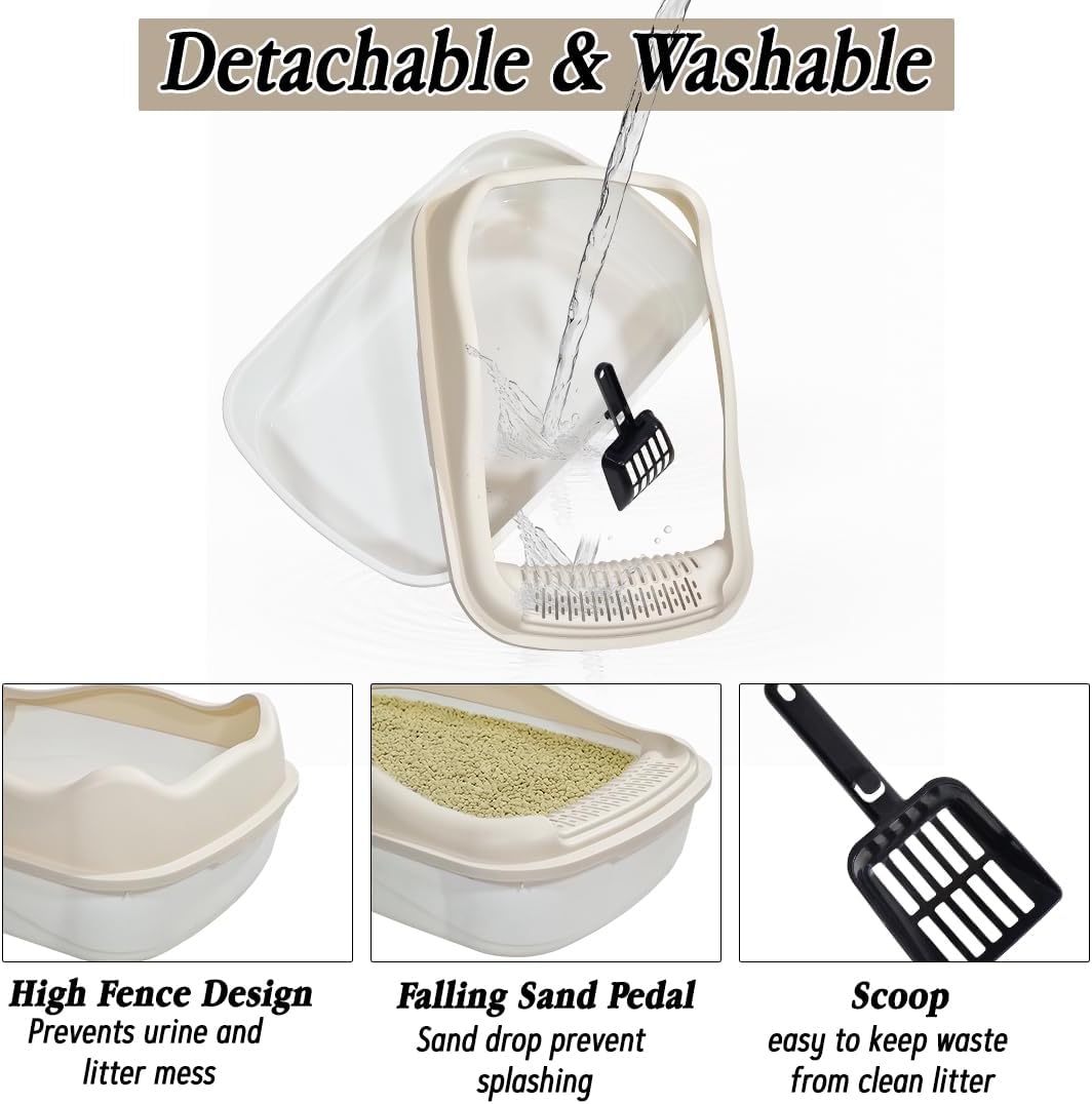 Anti-splash cat litter box with Enclosed design, Easy to clean, Durable plastic material and Removable, Cat Litter Pan with Scoop, Portable, Large size, High fence, and All size cats