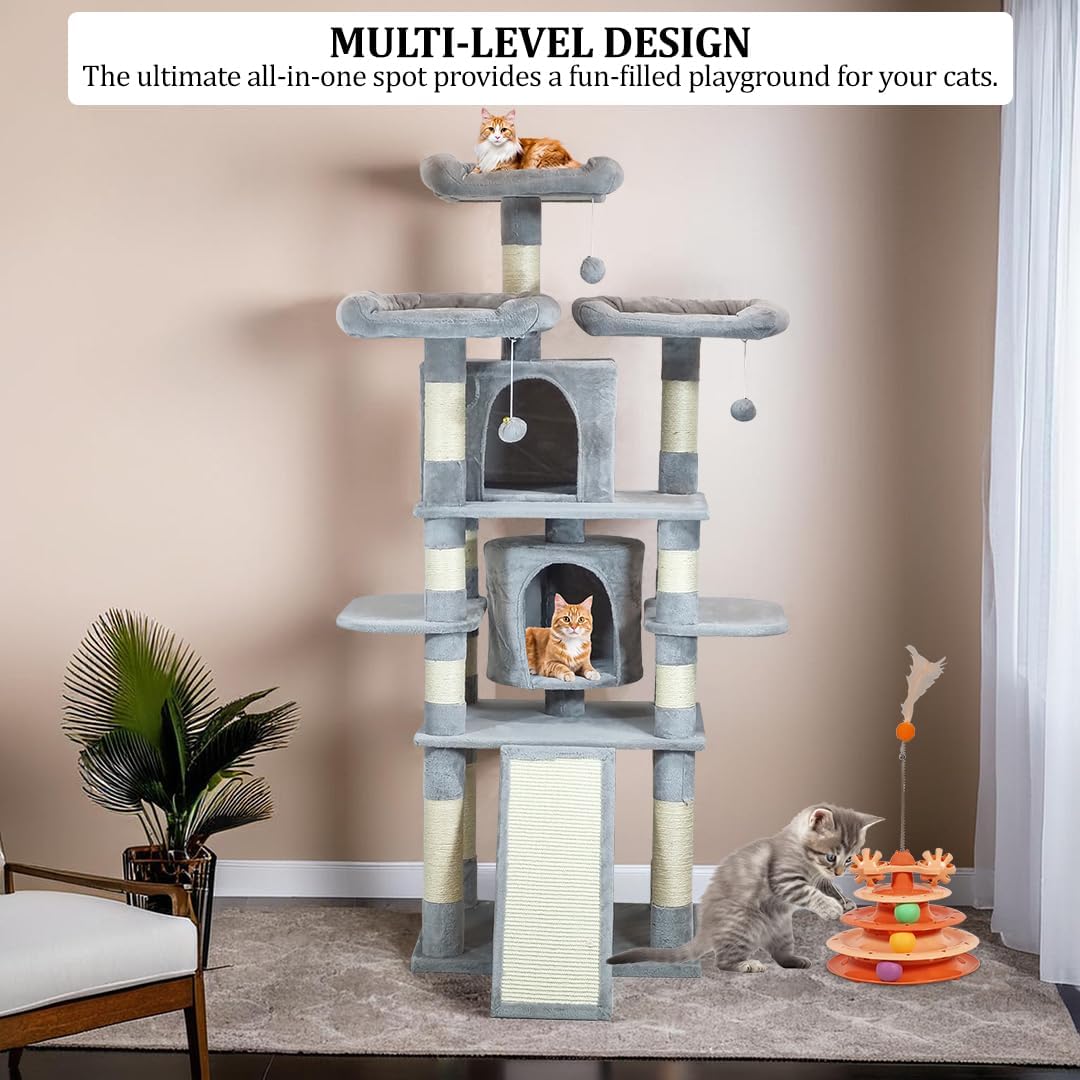 Cat Tree for Large Cats with Toy - Cat House with Padded Perch - Cozy Cat Condos & Scratching Posts - Premium Quality Multi-level Cat Tower for Indoor Cats & Kittens (Grey)