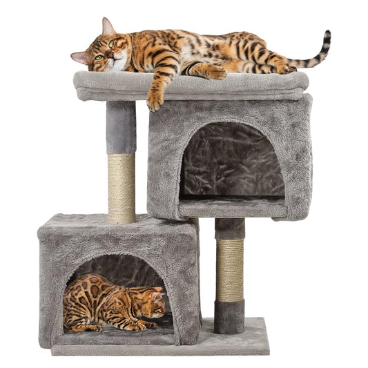 Multi-level cat tree condo for Indoor cats & kittens, Cat tree activity center with Comfortable Perch, Sisal scratching post, and Double cat condos, Easy to assemble, 145 cm (Grey)