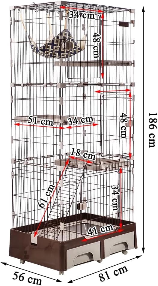 NNC PETS Large Cat Cage Indoor - 4-Tier Multi-Level Cat Crate Kennel with Hammock, Plastic Perches, Climbing Ladder, Litter Box Area & Universal Wheels, 81L x 56W x 186H cm (Chocolate, Large)