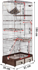 NNC PETS Large Cat Cage Indoor - 4-Tier Multi-Level Cat Crate Kennel with Hammock, Plastic Perches, Climbing Ladder, Litter Box Area & Universal Wheels, 81L x 56W x 186H cm (Chocolate, Large)