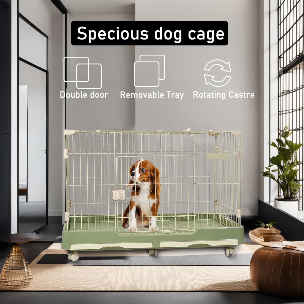 MAJIBAO Dog Cage Indoor - Pet Playpen Cage with Double Door and Drawer Tray, Sturdy Carbon Steel Design for Medium Dogs and Cats, Indoor/Outdoor Use (Green, 100 cm)