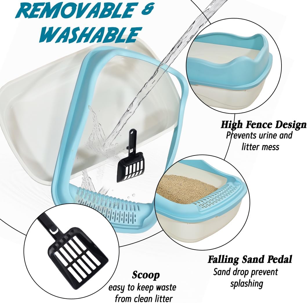 Anti-splash cat litter box with Enclosed design, Easy to clean, Durable plastic material and Removable, Cat Litter Pan with Scoop, Portable, Large size, High fence, and All size cats