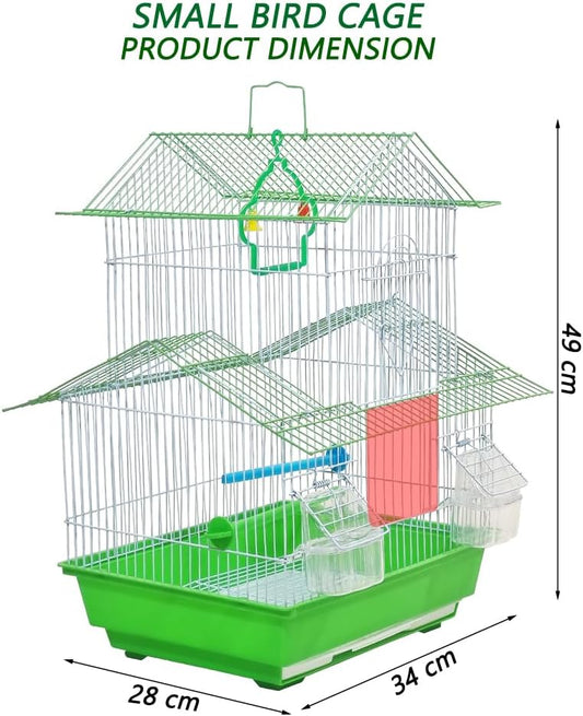 Small bird cage with Carry Handle, Perches, Hanging Toy, Pull-out tray and Feeding Cups, 49 cm Travel cage for Small birds, Indoor-Outdoor use, Easy to clean (Green)