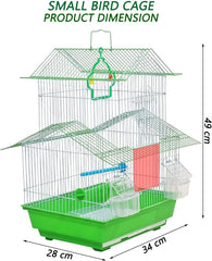 Small bird cage with Carry Handle, Perches, Hanging Toy, Pull-out tray and Feeding Cups, 49 cm Travel cage for Small birds, Indoor-Outdoor use, Easy to clean (Green)