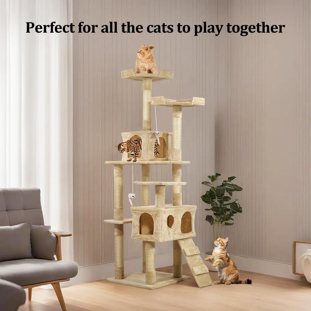 Multi-level cat tree tower with Double perches, Sisal scratching post, Spacious cat condos, and Climbing ladder, Durable cat tree tower for indoor cats, Interactive cat playhouse 170 cm (Beige)