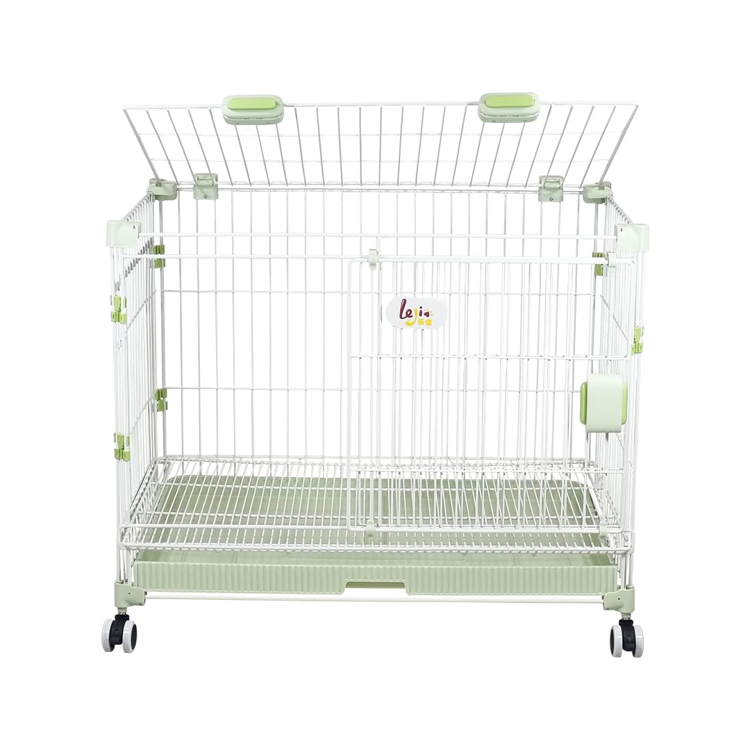 Metal foldable dog cage for medium to large dogs, 31Ã¢ÂÂ Dog kennel with Open-top design, Lockable door, Slide-out tray, and Universal wheels, Indoor/Outdoor use, Easy to assemble, 81 cm (Green)