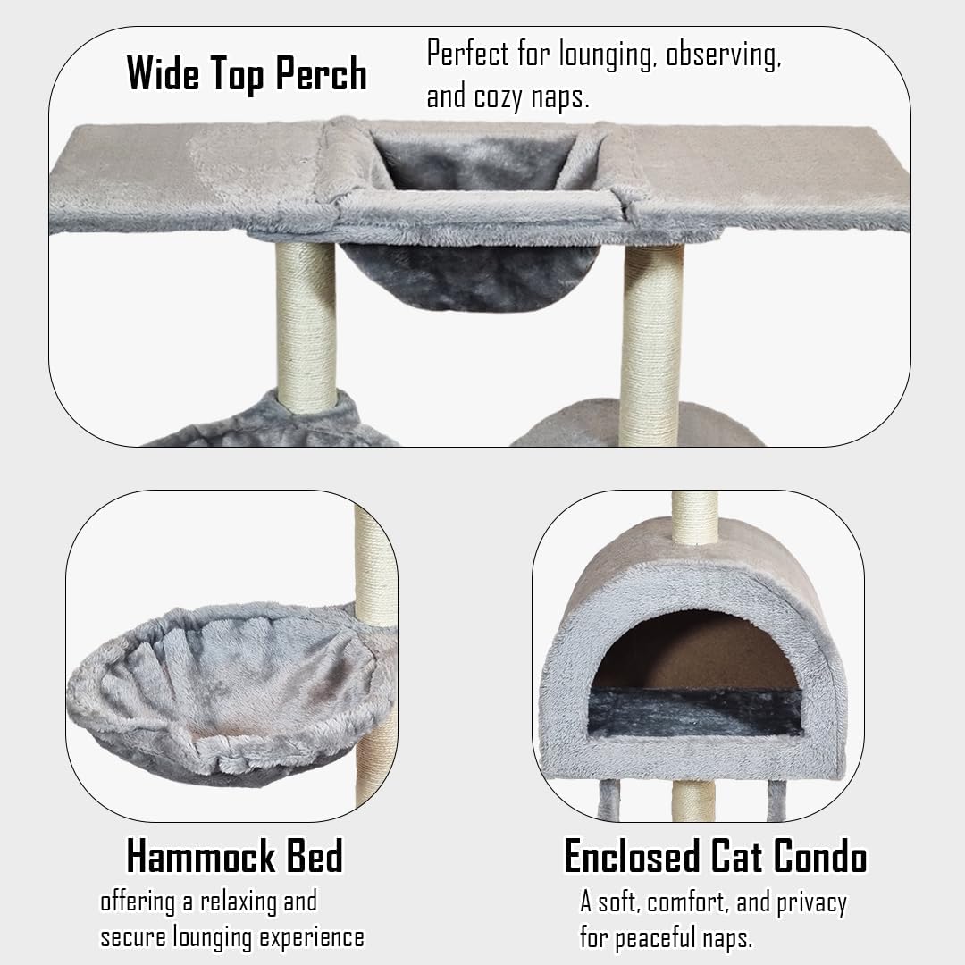Cat tree with Wide top platform, Hammock, and Natural sisal scratching posts, Cat tower with Multilevel, Cozy Condo, and Climbing ladder, Soft plush material and 100 cm Protect furniture