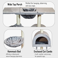 Cat tree with Wide top platform, Hammock, and Natural sisal scratching posts, Cat tower with Multilevel, Cozy Condo, and Climbing ladder, Soft plush material and 100 cm Protect furniture