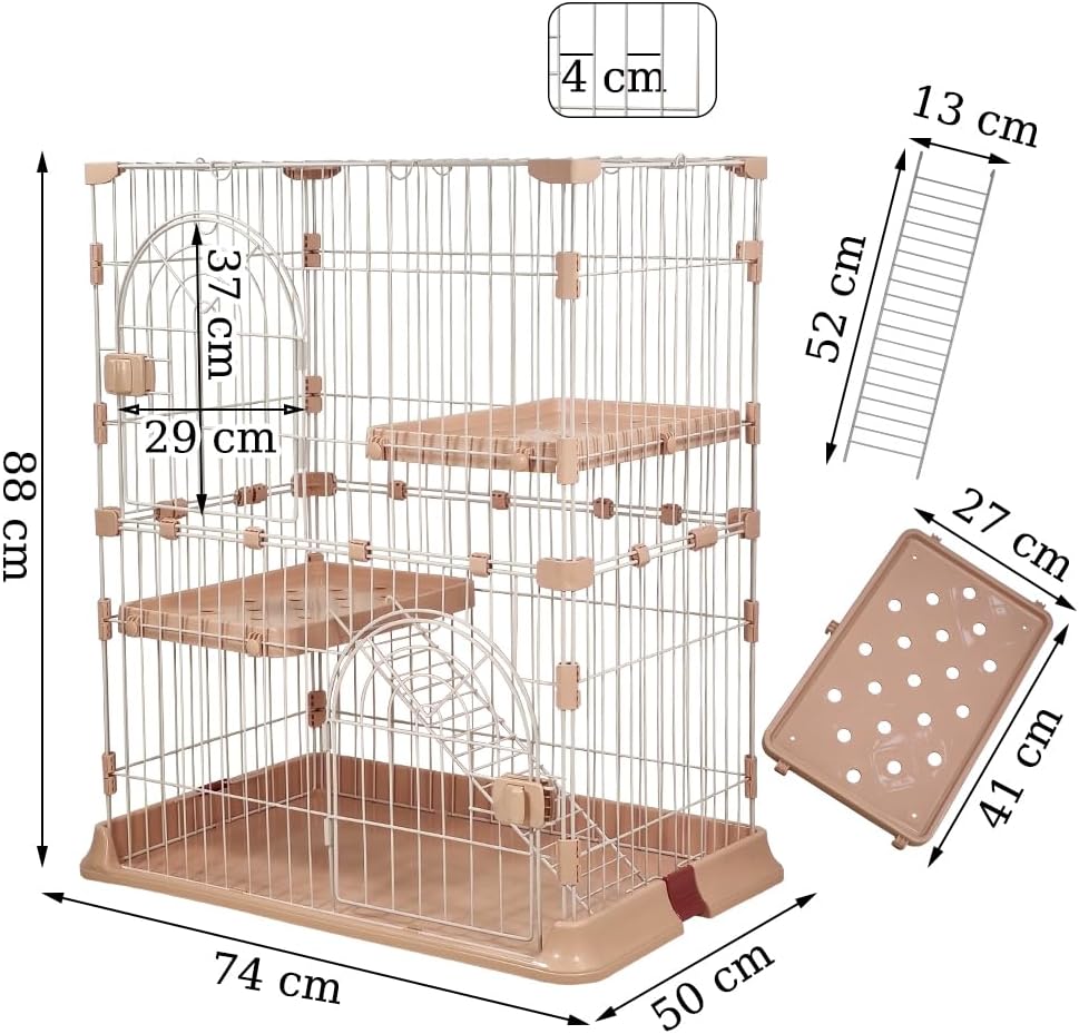Cat cage with 2-Tier design, Wide platforms, 2 Lockable doors, and Climbing ladder, Durable metal wire pet cage for Indoor cats & kittens, Ideal for indoor/outdoor use, Easy to assemble 88 cm (Pink)