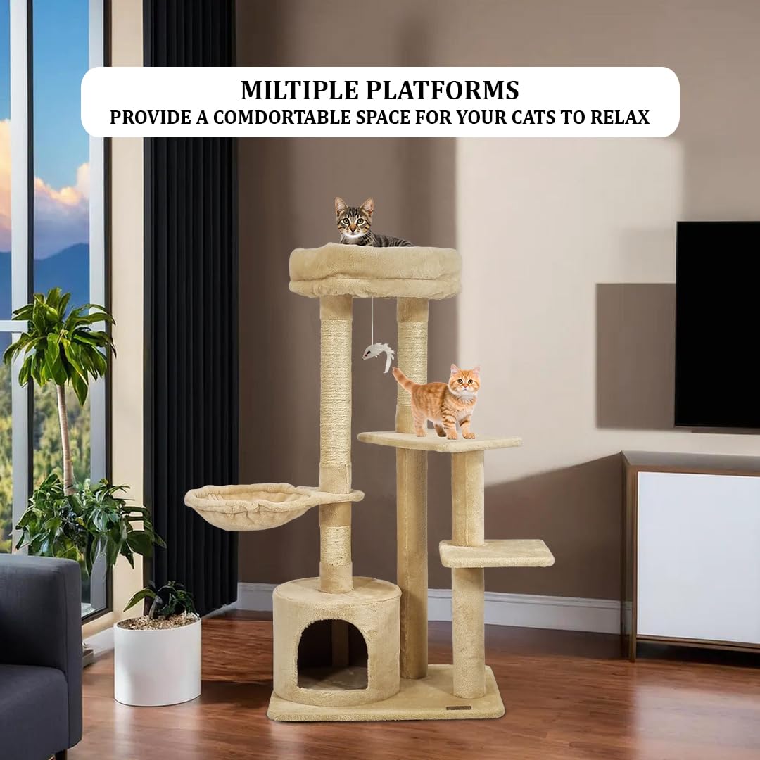 Cat Tree for Big Cats with Top Soft Plush | 108cm Cat Tower Activity Center | Dangling Mouse & Sisal Scratching Post | Hammock & Cozy Cat Condo | Easy to Assemble (Beige, 108 cm)