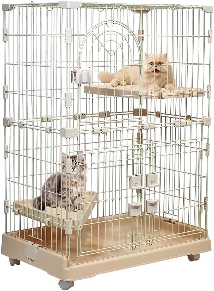 Cat Cage with Rolling Casters, Elevated Lounging Platforms, Secure Locking Doors, and Leak-Proof Base, Heavy-Duty Metal Cat Enclosure for Indoor Cats & Kittens, Easy to Assemble, 101 cm