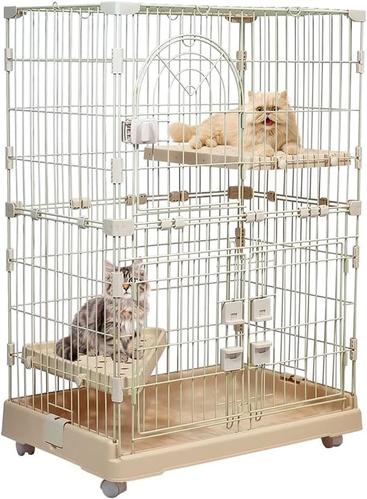 Cat Cage with Rolling Casters, Elevated Lounging Platforms, Secure Locking Doors, and Leak-Proof Base, Heavy-Duty Metal Cat Enclosure for Indoor Cats & Kittens, Easy to Assemble, 101 cm
