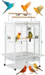 Bird Cage Indoor Large with Open-Top Design - Multiple Perches, Plastic Food Cups, Slide-out Tray & Universal Wheels, Metal Cage for Parrot, Canaries, Lovebirds & Other Birds (White, Extra Large)