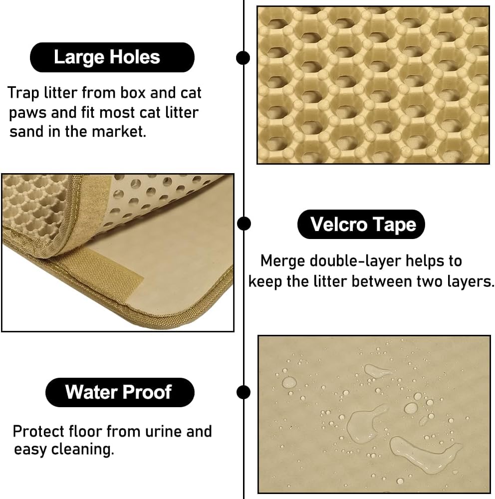 Cat litter mat with Honeycomb design, Water-resistant, and Washable EVA material, Double layer cat litter mat for Indoor cat litter boxes, Ideal for Multi-cat household, Easy to clean
