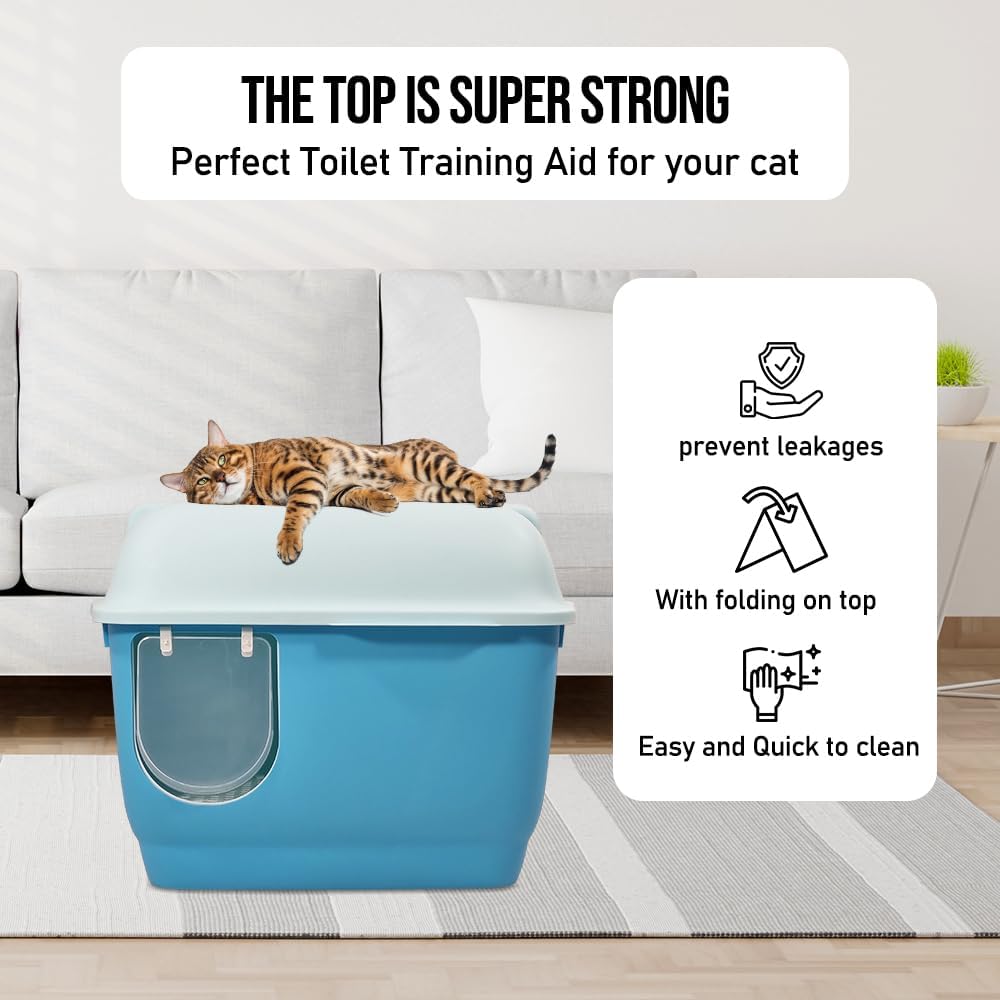Fully-enclosed cat litter box with Corridor entry & exit, Transparent door, Litter scoop, and Open-top design, Splash-proof cat toilet for Indoor cats & kittens, Easy to clean 57 cm