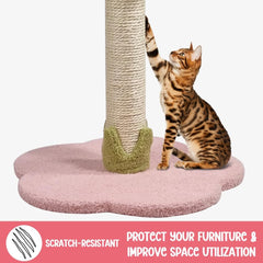 Cat tree scratcher for small cats & kittens, Cat tree activity center with Flower design perch, Natural sisal scratching post, and Sturdy wooden base, Ideal for indoor use, Easy assembly 36 cm (Pink)