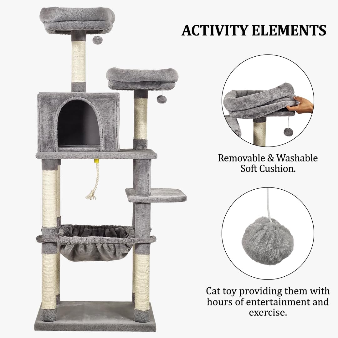 Cat tree for indoor cats, Multi-level cat climbing frame with Double perches, Dangling ball, Sisal scratching post, Cozy cat condo, and Large hammock, Easy to assemble 163 cm (Grey)
