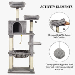 Cat tree for indoor cats, Multi-level cat climbing frame with Double perches, Dangling ball, Sisal scratching post, Cozy cat condo, and Large hammock, Easy to assemble 163 cm (Grey)