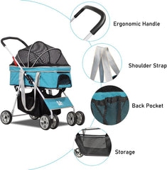 Dog Stroller | Pet Stroller for Cats & Dogs with Adjustable Canopy & Spacious Interior | Lightweight & Foldable | Storage Bag and Universal Wheels | Travel & Outdoor Cat Stroller 96 cm (Blue)