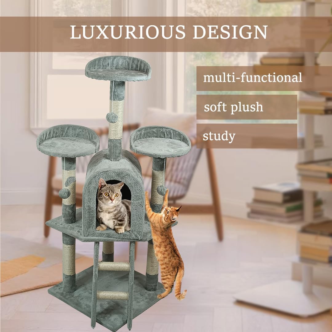 Cat Tree with Curved Perches - 125 cm Cat Tower House - Cat Condos & Cat Scratching Post - Dangling Toys - Premium Pet Tree for Indoor Cats & Kittens - Easy to Assemble (Grey)