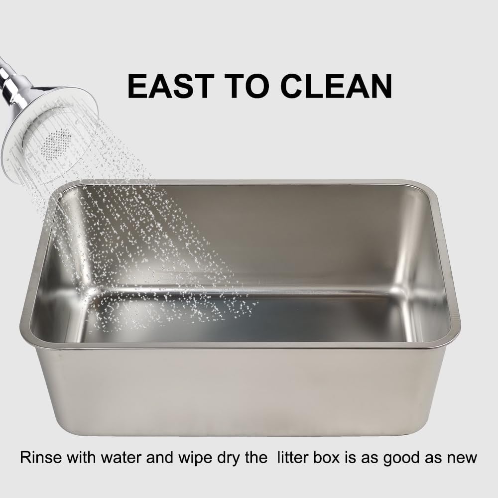 Stainless steel cat litter box with Carrying handle, Smooth edges, and Litter scoop, Rust & Stain resistant cat toilet for Large cats, Ideal for indoor/outdoor use, Easy to clean