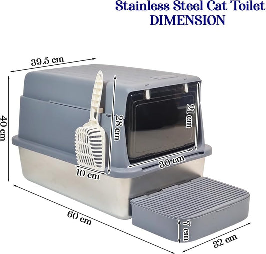 Cat litter box with Scoop, Stainless steel base, & Open top cover, Anti-splash, High fence and Semi-enclosed latch, Transparent access door, 60 cm Cat toilet with foot step, and Easy to clean (Blue)