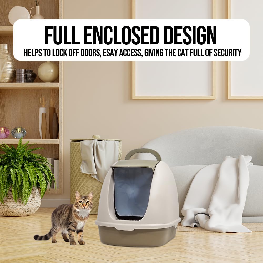 Fully-enclosed cat litter box with Portable handel, Flip cover entrance, Litter scoop, and Detachable design, Durable plastic cat toilet, Ideal for indoor/outdoor use, Easy to clean 38 cm