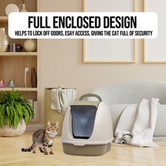 Fully-enclosed cat litter box with Portable handel, Flip cover entrance, Litter scoop, and Detachable design, Durable plastic cat toilet, Ideal for indoor/outdoor use, Easy to clean 38 cm
