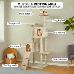 Cat Tree for Big Cats with Top Soft Plush | Paw Shape Perch & Hammock, Multi-level Cat Tower with Cozy Condo | Fun Ladder & Scratching Posts | Indoor Cat Tower House (Beige, 180 cm)