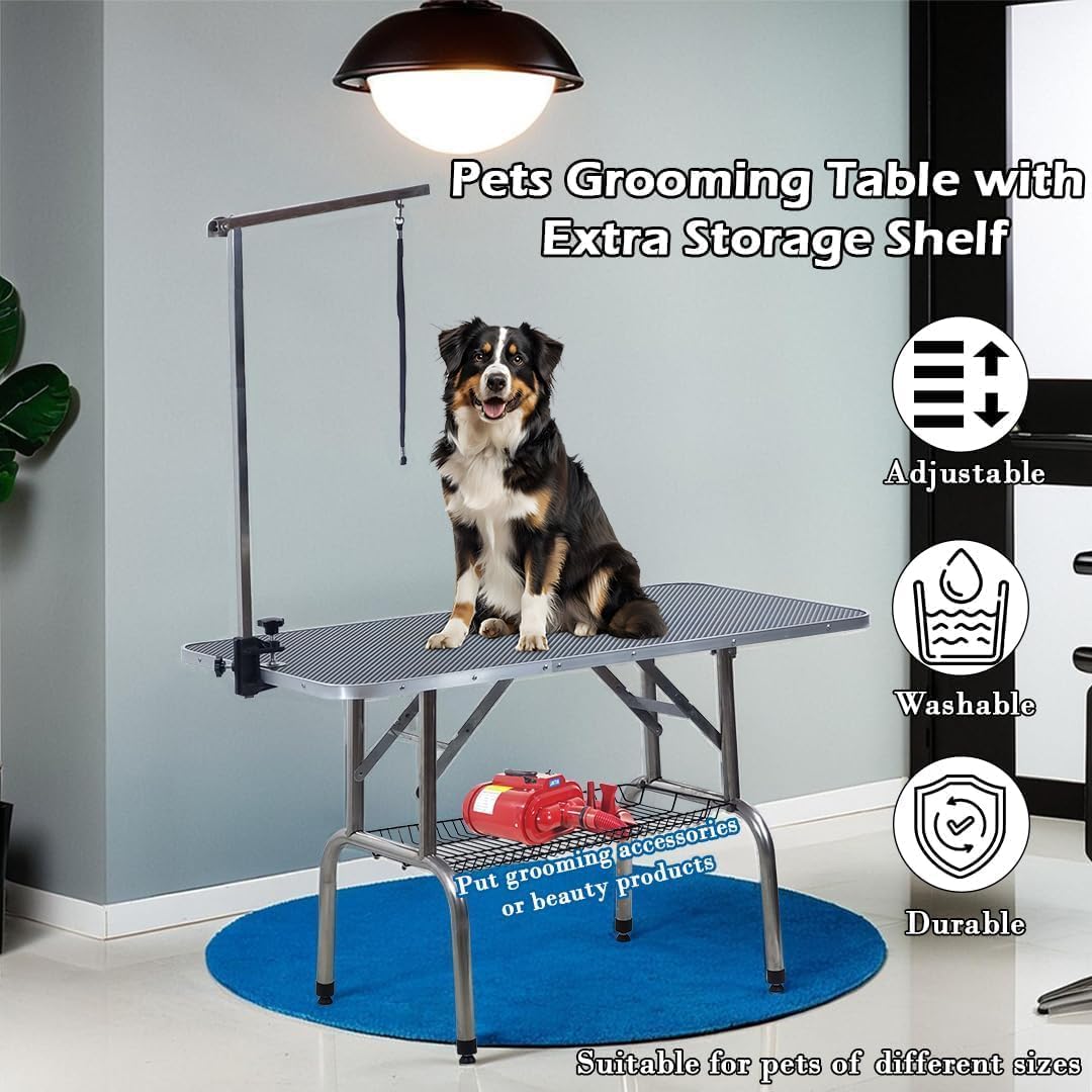 Pet Grooming Table – Heavy-Duty Dog Grooming Table for Dogs & Cats – Adjustable Height, Foldable Design, Storage Shelf & Waterproof Surface, Ideal For Bathing & Grooming, 184cm (Black)