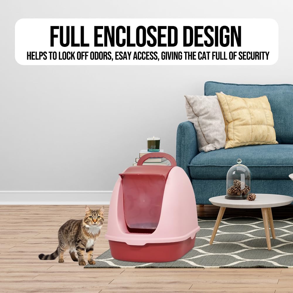 Fully-enclosed cat litter box with Portable handel, Flip cover entrance, Litter scoop, and Detachable design, Durable plastic cat toilet, Ideal for indoor/outdoor use, Easy to clean 38 cm