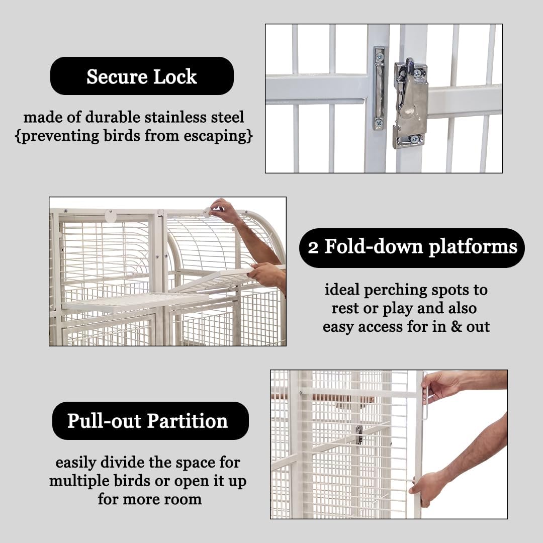 Extra large bird cage for Parrots, Macaws, and Other large birds, Heavy-duty Partition cage with Wooden perches, Feeding cups, Lockable door, Removable tray, and Universal wheels 180 cm (White)