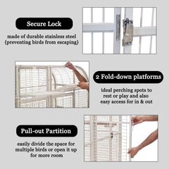 Extra large bird cage for Parrots, Macaws, and Other large birds, Heavy-duty Partition cage with Wooden perches, Feeding cups, Lockable door, Removable tray, and Universal wheels 180 cm (White)