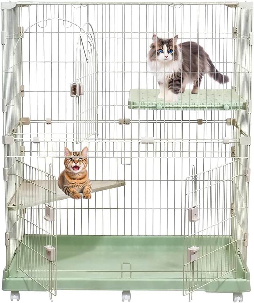 Cat Cage with Universal Wheels, Wide Main Door, Durable and Sturdy Metal Wire, 98 cm Dog Cage with Secure Lock, Easy to Assemble, Indoor-Outdoor Cat Kennel, Ideal for All Size of Pets, Green