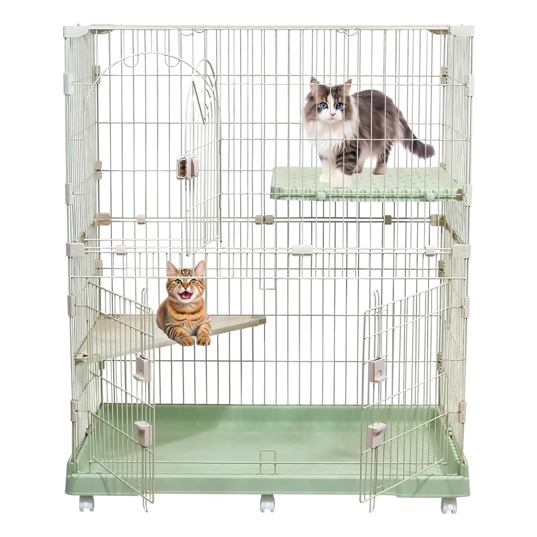 2-Tier Cat Cage with Locking Wheels, Wide Shelves, Multi-Access Door, and Sturdy Metal Wire, 117 cm Cat Playpen for Indoor-Outdoor Use, Durable Pet Crate, Easy to Assemble and Easy to Clean, (Green)
