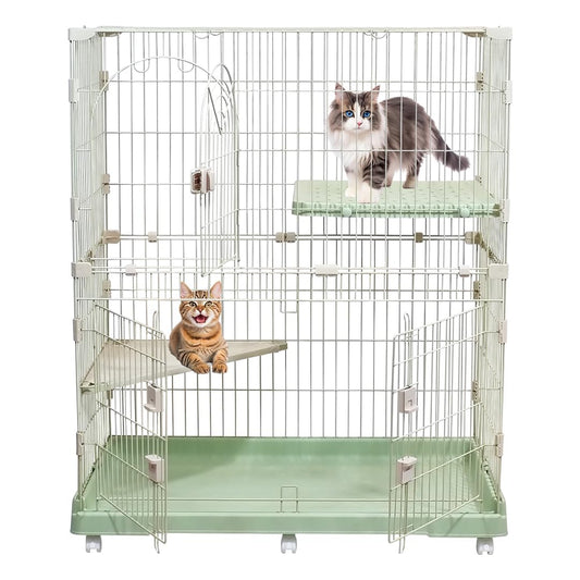 2-Tier Cat Cage with Locking Wheels, Wide Shelves, Multi-Access Door, and Sturdy Metal Wire, 117 cm Cat Playpen for Indoor-Outdoor Use, Durable Pet Crate, Easy to Assemble and Easy to Clean, (Green)