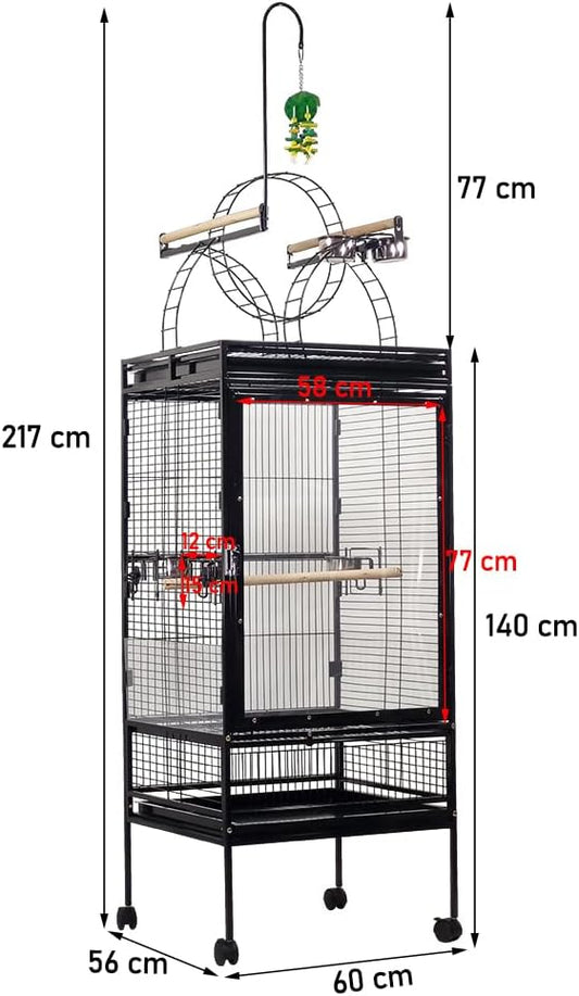 Large bird cage with Clear acrylic door, Play-top area, Wooden perch, Stainless steel feeding bowls, Removable tray, and Universal wheels. Ideal for Cockatiels, Parrots, and Parakeets 217 cm (Black)