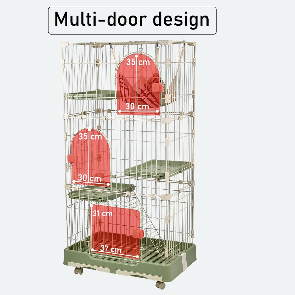 NNC PETS 3-Tier Cat Cage Indoor - Large Metal Cat Crate Kennel with 3 Lockable Doors - Cozy Hammock & Wide Platforms - Climbing Ladder, Drawer Tray & Universal Wheels, 146cm(Green, Large)