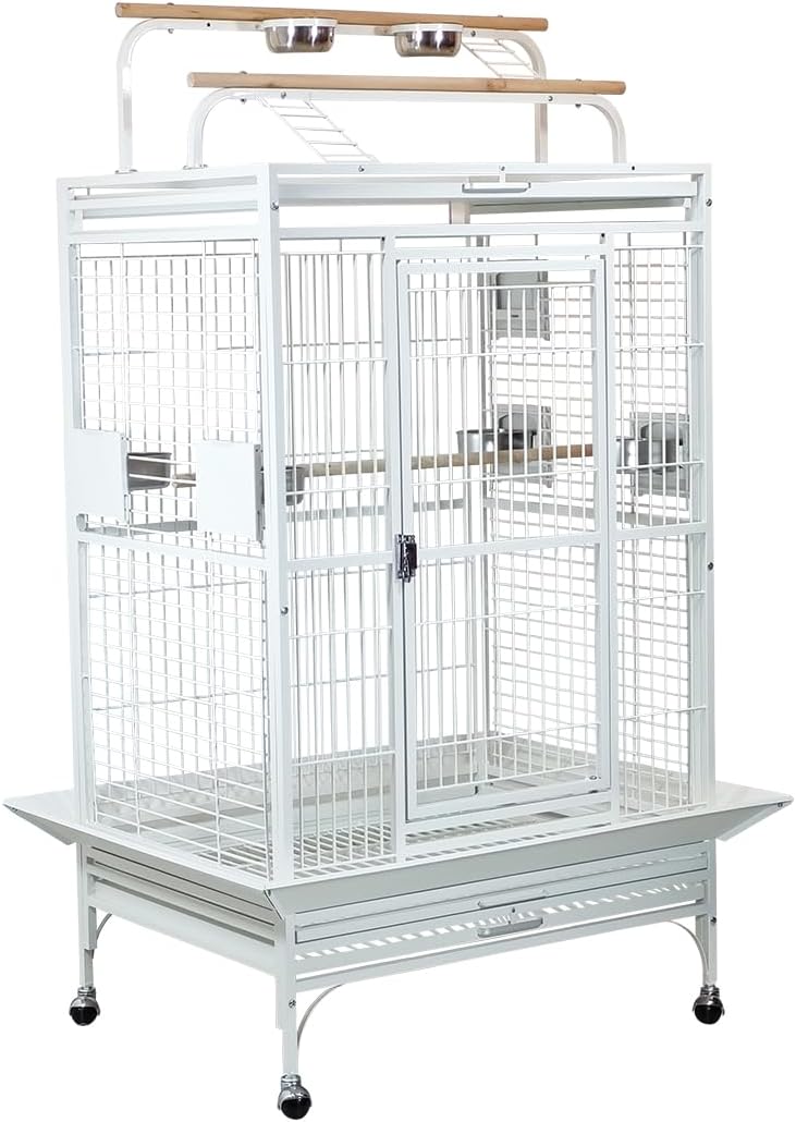 Bird Cage Indoor Large with Open-Top Design - Multiple Perches, Plastic Food Cups, Slide-out Tray & Universal Wheels, Metal Cage for Parrot, Canaries, Lovebirds & Other Birds (White, Extra Large)